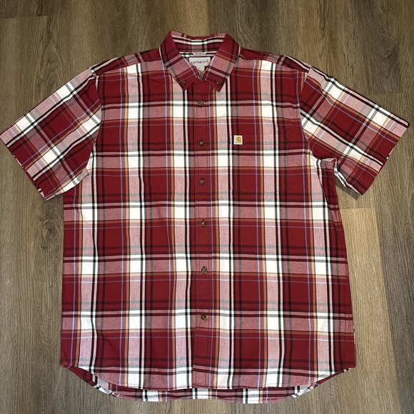 Carhartt Shirt Lot Of 2 Men XL Red Blue Plaid Relaxed Fit Short Sleeve Button Up - Picture 2 of 12